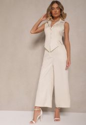 Beżowe Garniturowe Spodnie o Fasonie Culottes Adeana. Brązowe spodnie materiałowe damskie Renee, bez wzorów, z jeansu, eleganckie. Za 89.99 zł.