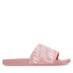 Klapki Versace Jeans Couture. Czerwone klapki damskie Versace Jeans Couture, bez wzorów, z jeansu, bez obcasa, bez zapięcia. Za 319.99 zł.