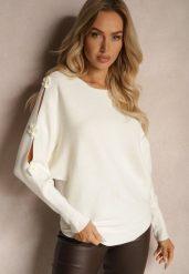 Jasnobeżowy Sweter z Wiskozą Ozdobiony Wycięciami na Rękawach Evathia. Brązowe swetry nierozpinane damskie Renee, z aplikacjami, z jeansu, casualowe, bez kołnierzyka, bez ramiączek. Za 79.99 zł.