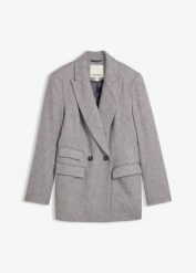 Żakiet z wełną. Szare marynarki i żakiety damskie bonprix, bez wzorów, z wełny, eleganckie, bez kołnierzyka, bez ramiączek. Za 359.99 zł.
