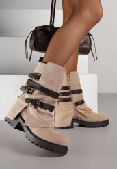 Ciemnobeżowe Botki Bikery Ozdobione Klamrami i Wywiniętą Cholewką Seride. Brązowe botki damskie Renee, bez wzorów, z jeansu, bez obcasa, na płaskiej podeszwie, bez zapięcia. Za 119.99 zł.