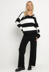 Czarny Dzianinowy Komplet Szerokie Spodnie i Sweter w Paski Falesea. Czarne swetry nierozpinane damskie Born2be, bez wzorów, z bawełny, eleganckie, bez kołnierzyka, bez ramiączek. Za 109.99 zł.