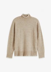 Sweter ze stójką. Brązowe swetry nierozpinane damskie bonprix, bez wzorów, bez kołnierzyka, bez ramiączek. Za 117.99 zł.