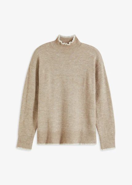 Sweter ze stójką. Brązowe swetry nierozpinane damskie bonprix, bez wzorów, bez kołnierzyka, bez ramiączek. Za 114.99 zł.
