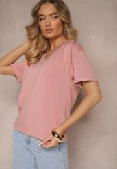 Różowy T-shirt z Dekoltem w Serek Fonellea. Czerwone t-shirty damskie Renee, m, bez wzorów, z jeansu, bez kołnierzyka, bez ramiączek. Za 39.99 zł.