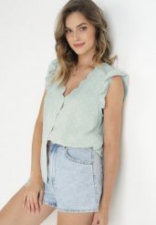 Zielona Bluzka Top z Tkaniny Plumeti z Falbankami przy Ramionach Fatalie. Zielone bluzki damskie Born2be, m, bez wzorów, z tkaniny, bez kołnierzyka, bez ramiączek. Za 49.99 zł.