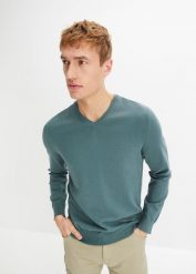 Cienki sweter z miękkiej mieszanki bawełny. Zielone swetry męskie bonprix, m, bez wzorów, z bawełny, klasyczne, bez kołnierzyka, bez ramiączek. Za 79.99 zł.