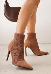 Brązowe Botki VICES na Szpilce z Elastyczną Dzianinową Cholewką Dedanna. Brązowe botki damskie Renee, bez wzorów, z dzianiny, bez obcasa, na obcasie, bez zapięcia. Za 159.99 zł.