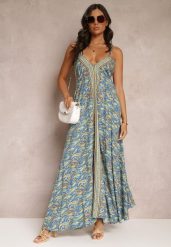Niebieska Rozkloszowana Sukienka Maxi Wiązana na Szyi z Wiskozy z Printem Paisley Olympie. Niebieskie sukienki damskie Renee, na lato, m, bez wzorów, z wiskozy, boho, bez kołnierzyka, bez ramiączek, maxi, rozkloszowane. Za 109.99 zł.