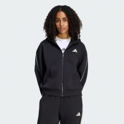 BLUZA STADIUM Z KAPTUREM, MAŁYM LOGO I SUWAKIEM NA CAŁEJ DŁUGOŚCI. Czarne bluzy damskie Adidas, m, bez wzorów, z bawełny, eleganckie, bez ramiączek, z kapturem. Za 329.00 zł.