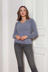 Sweter z Dekoltem w Szpic - Szary. Szare swetry nierozpinane damskie Lanti, l, bez wzorów, z materiału, bez kołnierzyka, bez ramiączek. Za 229.90 zł.