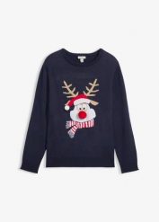 Sweter z bożonarodzeniowym motywem. Niebieskie swetry męskie bonprix, m, bez wzorów, bez kołnierzyka, bez ramiączek. Za 109.99 zł.