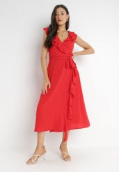 Czerwona Sukienka Mellothee. Czerwone sukienki damskie Born2be, na imprezę, l, bez wzorów, z materiału, eleganckie, bez kołnierzyka, bez ramiączek, midi, kopertowe. Za 119.99 zł.