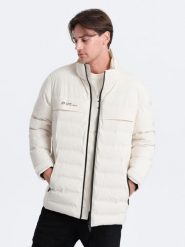Zimowa kurtka męska z odpinanym kapturem - kremowa V2 - Rozmiar: XXL. Białe kurtki męskie Ombre Clothing, na zimę, m, bez wzorów. W wyprzedaży za 277.49 zł.