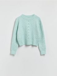 Sweter z dekoracyjnym splotem - jasnoturkusowy. Niebieskie swetry nierozpinane damskie Reserved, l, bez wzorów, z dzianiny, bez kołnierzyka, bez ramiączek. Za 129.99 zł.