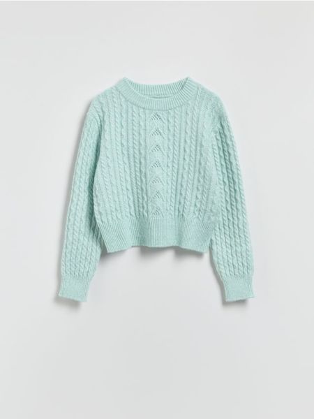 Sweter z dekoracyjnym splotem - jasnoturkusowy. Niebieskie swetry nierozpinane damskie Reserved, l, bez wzorów, z dzianiny, bez kołnierzyka, bez ramiączek. Za 129.99 zł.