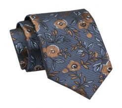 Elegancki, Klasyczny, Męski Krawat -ALTIES - Niebieski z Motywem Beżowobrązowych Kwiatów. Niebieskie krawaty i muchy Alties, bez wzorów, z tkaniny, eleganckie. Za 49.00 zł.