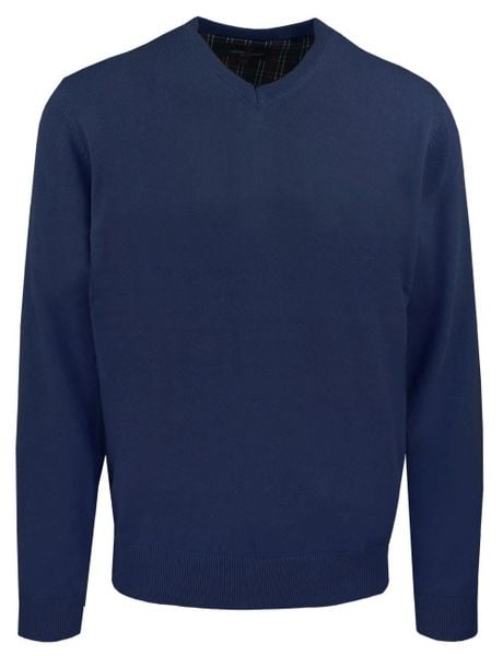 Męski, Bawełniany Sweter w Serek (V-neck) - Adriano Guinari - Granat. Niebieskie swetry męskie Adriano Guinari, l, bez wzorów, z bawełny, biznesowe, bez kołnierzyka, bez ramiączek. Za 169.00 zł.