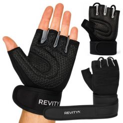 Rękawiczki treningowe na siłownię z usztywniaczem nadgarstka i pętlami 2 w 1. Czarne rękawiczki męskie REVITY, bez wzorów, z poliesteru. W wyprzedaży za 49.99 zł.