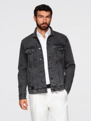 Męska kurtka jeansowa katana z washem – czarna V3. Czarne kurtki męskie Ombre Clothing, m, bez wzorów, z bawełny, casualowe, bez kaptura. Za 339.99 zł.