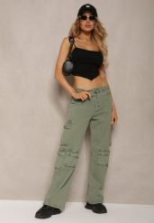 Zielone Spodnie Typu Bojówki z Bawełny High Waist z Kieszeniami Zefara. Zielone spodnie materiałowe damskie Renee, bez wzorów, z bawełny, z podwyższonym stanem. Za 109.99 zł.