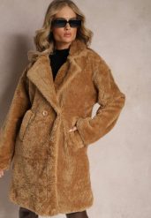 Ciemnobeżowy Płaszcz Typu Teddy z Futerka z Kieszeniami Serenzi. Brązowe płaszcze damskie Renee, l, bez wzorów, z futra, bez kołnierzyka, bez kaptura. Za 189.99 zł.