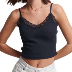 Koszulka turystyczna damska Superdry Vintage Rib Lave Top. Niebieskie topy damskie Superdry, bez wzorów, z bawełny, sportowe, bez kołnierzyka, bez ramiączek. W wyprzedaży za 64.00 zł.
