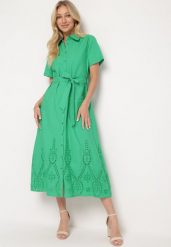 Zielona Ażurowa Sukienka z Bawełny Zapinana na Guziki z Materiałowym Paskiem Dimosa. Zielone sukienki damskie Born2be, l, w ażurowe wzory, z bawełny, boho, bez kołnierzyka, bez ramiączek, maxi. Za 189.99 zł.