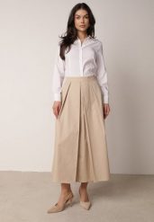 Beżowa Rozkloszowana Spódnica z Bawełny z Szerokimi Plisami Malona. Brązowe spódnice damskie Born2be, do pracy, l, bez wzorów, z bawełny, biznesowe, midi, proste. Za 119.99 zł.