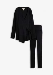 Bluzka ciążowa o kopertowym kroju i wygodne legginsy (komplet 2-cz.). Czarne legginsy damskie bonprix, bez wzorów, z dżerseju. Za 149.99 zł.