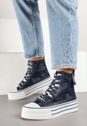 Granatowe Trampki z Jeansowego Materiału na Platformie Zorilea. Niebieskie obuwie sportowe damskie Born2be, bez wzorów, z jeansu, z okrągłym noskiem, bez zapięcia. Za 109.99 zł.