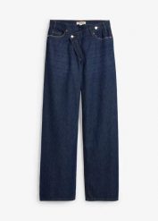 Dżinsy Wide Leg, mid waist, low stretch. Niebieskie jeansy damskie bonprix, bez wzorów, z bawełny, długie. Za 129.99 zł.