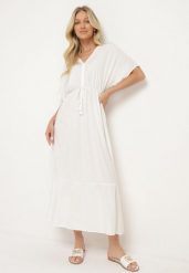 Biała Rozkloszowana Sukienka Maxi z Gumką i Sznurkiem w Talii z Wiskozy Baneta. Białe sukienki damskie Born2be, na co dzień, l, bez wzorów, z wiskozy, bez kołnierzyka, bez ramiączek, maxi, proste. Za 64.99 zł.