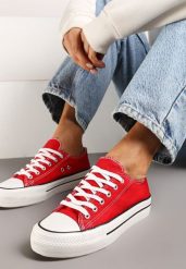 Czerwone Casualowe Trampki na Platformie ze Sznurowaniem Ravathra. Czerwone trampki i tenisówki damskie Renee, bez wzorów, z materiału, bez zapięcia. Za 49.99 zł.
