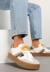 Biało-Brązowe Sneakersy Klasyczne Tenisówki Wyposażone w Dodatkowe Sznurówki Nasalle. Białe trampki i tenisówki damskie Renee, bez wzorów, z materiału, bez zapięcia. Za 89.99 zł.