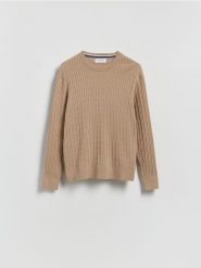 Strukturalny sweter z bawełną - beżowy. Brązowe swetry męskie Reserved, l, bez wzorów, z bawełny, bez kołnierzyka, bez ramiączek. Za 129.99 zł.