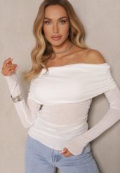 Biała Bluzka Hiszpanka z Wiskozą z Prążkowanego Materiału Sesarose. Białe bluzki damskie Renee, m, bez wzorów, z jeansu, eleganckie, bez kołnierzyka, bez ramiączek. Za 49.99 zł.