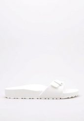 Klapki damskie Birkenstock Eva Madrid. Białe klapki damskie Birkenstock, bez wzorów, z materiału, bez obcasa, bez zapięcia. Za 275.00 zł.