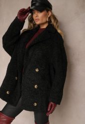 Czarna Futrzana Kurtka Typu Baranek z Ozdobnymi Paskami i Dwurzędowym Zapięciem Nikira. Czarne kurtki damskie Renee, l, bez wzorów, z futra, bez kaptura. Za 319.99 zł.