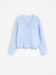 Wełniany sweter - jasnoniebieski. Niebieskie swetry nierozpinane damskie Reserved, l, bez wzorów, z wełny, bez kołnierzyka, bez ramiączek. Za 259.99 zł.