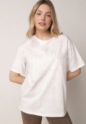 Biały Bawełniany T-shirt Oversize z Haftowanym Napisem z Cekinami Aewai. Białe t-shirty damskie Born2be, m, bez wzorów, z bawełny, eleganckie, bez kołnierzyka, bez ramiączek. Za 59.99 zł.