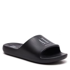 Klapki Armani Exchange. Czarne klapki damskie Armani Exchange, bez wzorów, bez obcasa, bez zapięcia. Za 149.99 zł.