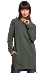Zielona Długa Nierozpinana Bluza z Rozporkami. Zielone bluzy damskie MOE, l, bez wzorów, z bawełny, bez ramiączek, bez kaptura. Za 249.90 zł.