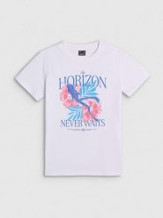 4F T-shirt regular z nadrukiem damski - biały M. Białe t-shirty damskie 4F, m, bez wzorów, z bawełny, bez kołnierzyka, bez ramiączek. Za 59.99 zł.
