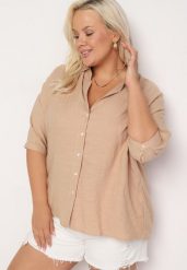 Beżowa Koszula Bawełniana z Krótkim Rękawem i Kołnierzem Talavia. Brązowe koszule damskie Born2be, plus size, bez wzorów, z bawełny, eleganckie, bez kołnierzyka, bez ramiączek. Za 79.99 zł.