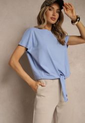 Niebieski Bawełniany T-shirt Wiązany u Dołu Sunalina. Niebieskie t-shirty damskie Renee, l, bez wzorów, z bawełny, bez kołnierzyka, bez ramiączek. Za 29.99 zł.