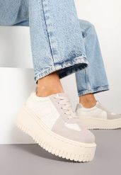 Beżowe Sneakersy Typu Tenisówki na Platformie Zdobione Perforacją Nerilsa. Brązowe trampki i tenisówki damskie Born2be, z aplikacjami, z jeansu, bez zapięcia. Za 84.99 zł.