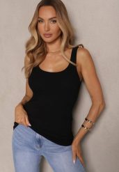 Czarny Top na Ramiączkach z Prążkowanego Materiału z Bawełny Zaliena. Czarne topy damskie Renee, s, bez wzorów, z bawełny, bez kołnierzyka, bez ramiączek. Za 39.99 zł.