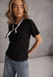 Czarny Bawełniany T-shirt Hillswor Ozdobiony Apaszką. Czarne t-shirty damskie Renee, l, bez wzorów, z bawełny, eleganckie, bez kołnierzyka, bez ramiączek. Za 69.99 zł.