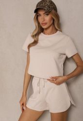 Jasnobeżowy Bawełniany T-shirt o Fasonie Cropped Galionela. Brązowe t-shirty damskie Renee, l, bez wzorów, z bawełny, bez kołnierzyka, bez ramiączek. Za 64.99 zł.